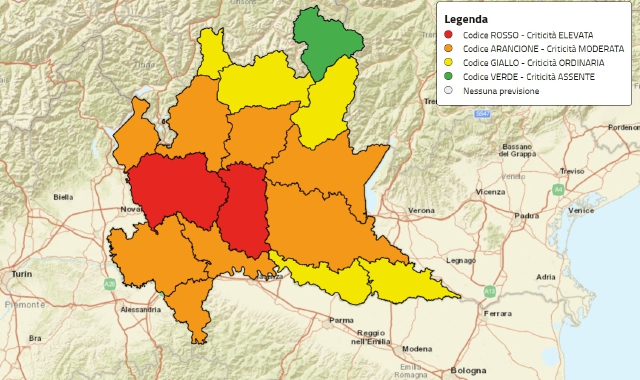 La cartina con le zone di allerta