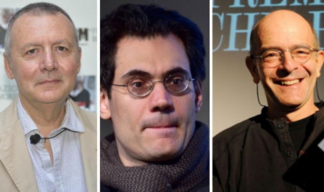 Da sinistra, in senso orario, i tre scrittori finalisti del Premio Chiara: Piero Colaprico, Gabriele Pedullà e Andrej Longo