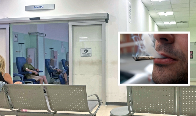 La sala d’attesa del Pronto soccorso di Varese e nel riquadro il consumo di uno spinello