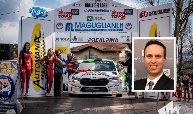 La partenza del Rally dei Laghi lo scorso anno a Maccagno e nel riquadro Giacomo Cosentino