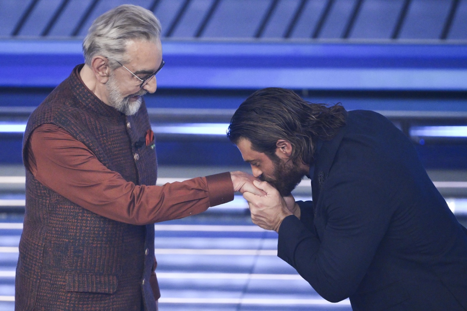 Indian actor Kabir Bedi (L) and Turkish actor Can Yaman (R) on stage at the Ariston theatre during the 76th edition of the Sanremo Italian Song Festival, in Sanremo, Italy, 24 February 2026. The music festival will run from 24 to 28 February 2026. ANSA/ET