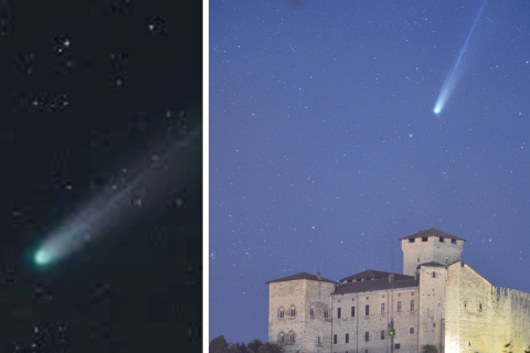Angera: la cometa e la Rocca, eccezionale allineamento