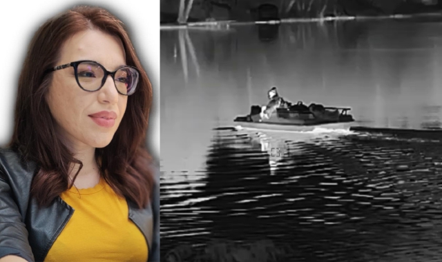 Roberta Catania. A destra, Elia Del Grande ripreso in pedalò sul lago di Monate