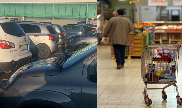 Il parcheggio di un supermercato di Castellanza alle 9 del mattino. È uno dei punti vendita aperti in provincia di Varese a Santo Stefano