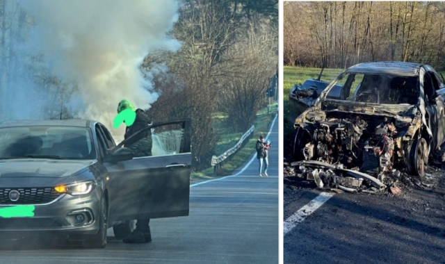 Auto in fiamme sulla provinciale. Salvi madre e figlio