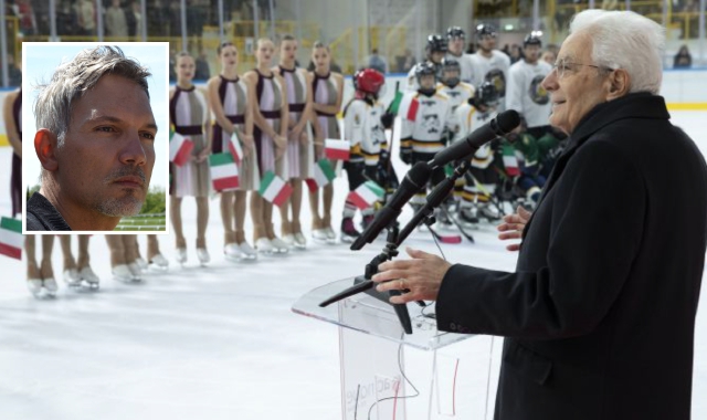 Il presidente della Repubblica Sergio Mattarella all’inaugurazione dell’Acinque Ice arena nel novembre 2022. Nel riquadro, Massimiliano Comparin