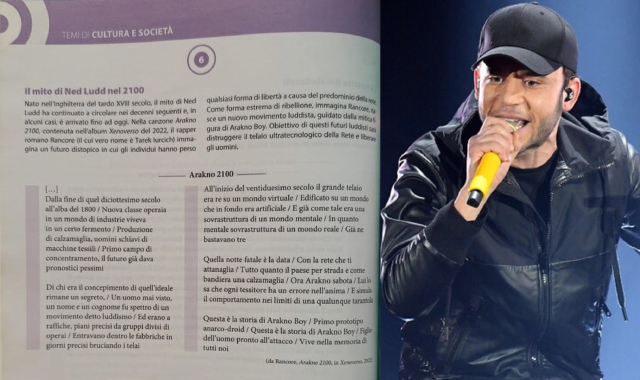 La pagina del libro di testo con il brano di Rancore (foto @rancore_official/INSTAGRAM). A destra, il rapper a Sanremo nel 2020