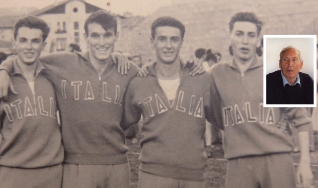 Vittoria Marcora, ultimo a destra nella foto in bianco e nero scattata ai campionati di Aosta del 1956, e nel riquadro
