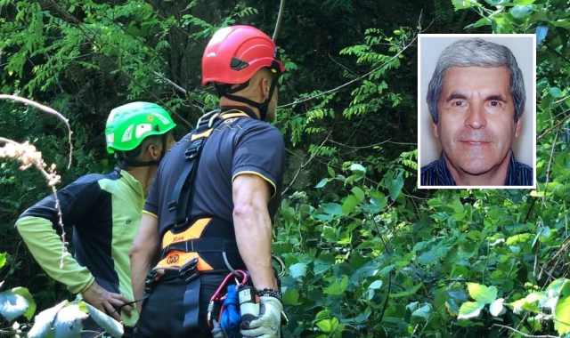 I soccorritori sul luogo del ritrovamento del corpo. Nel riquadro, la vittima, Roberto Crosta