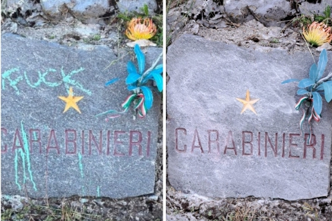 Gli Alpini ripuliscono la lapide dei carabinieri sfregiata