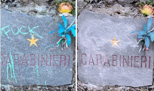 Gli Alpini ripuliscono la lapide dei carabinieri sfregiata