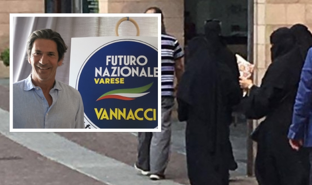 L’immagine di dieci anni fa di donne col burqa in centro a Varese e nel riquadro Piero Gaparoli